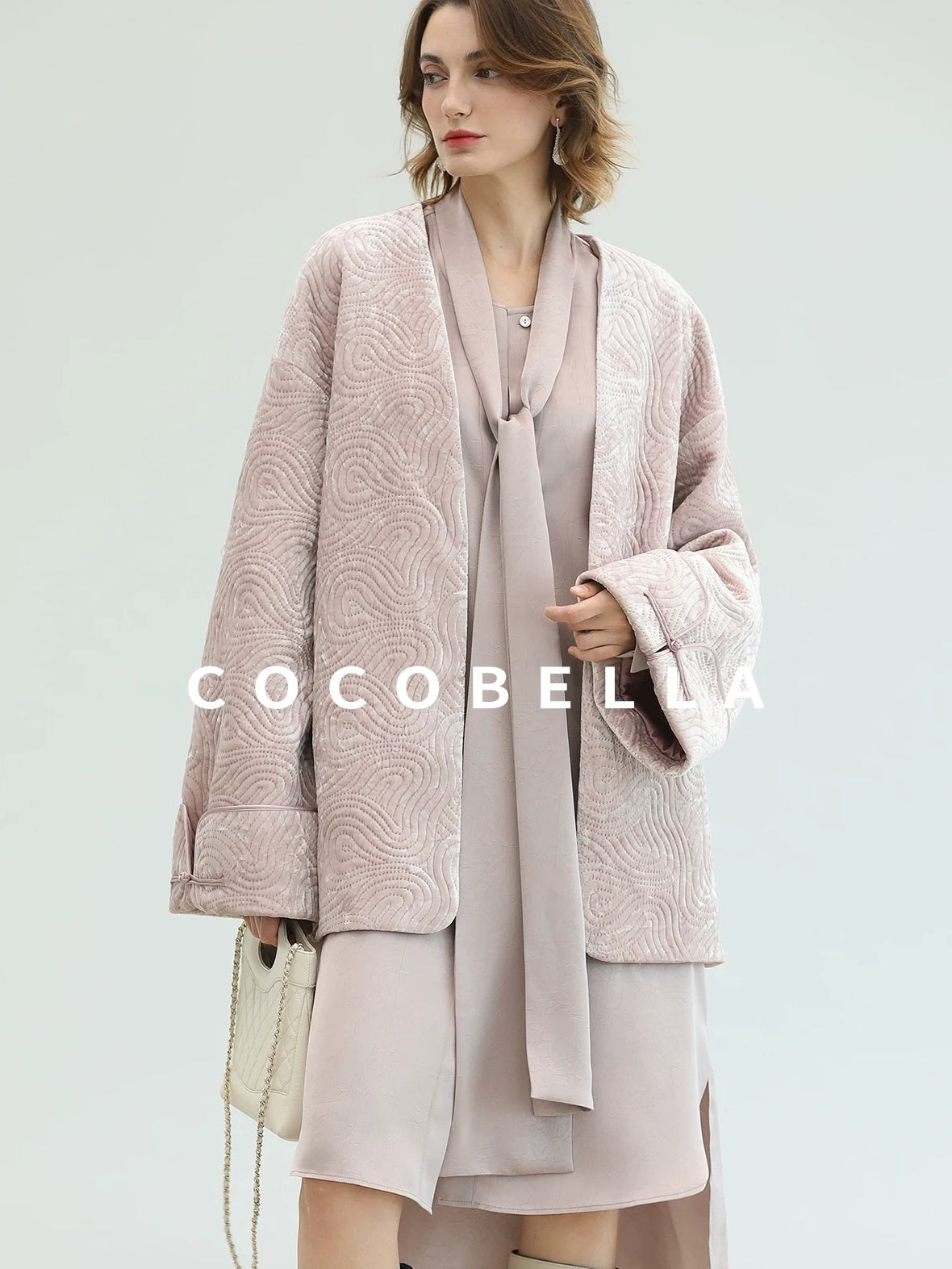 COCOBELLA Velvet Pink Insulated Loose Fit Mid Length Office Padded Jackets