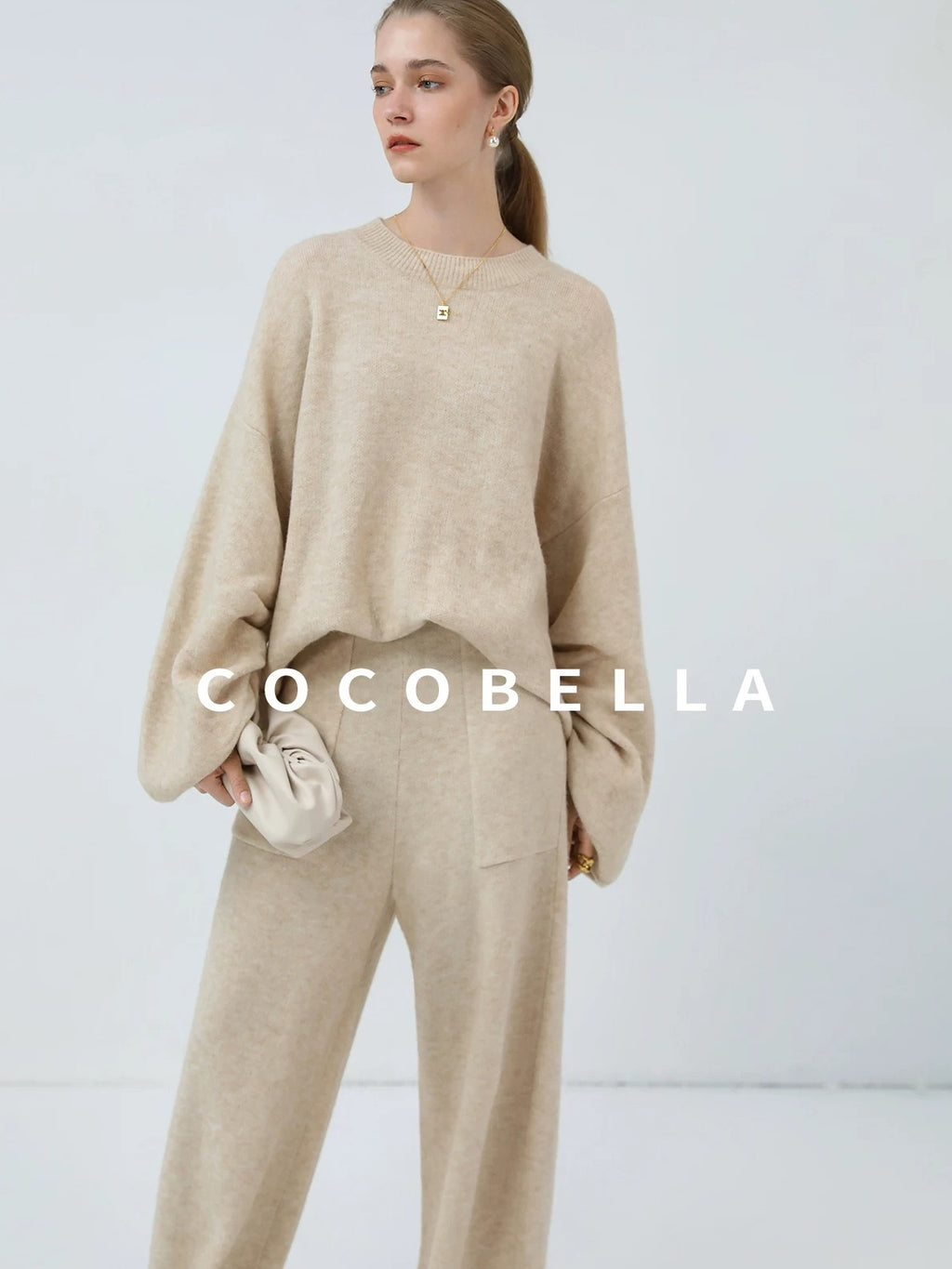 COCOBELLA Versatile Minimalist Knit Tailored Curved Leg Elastic Waist Women Pants
