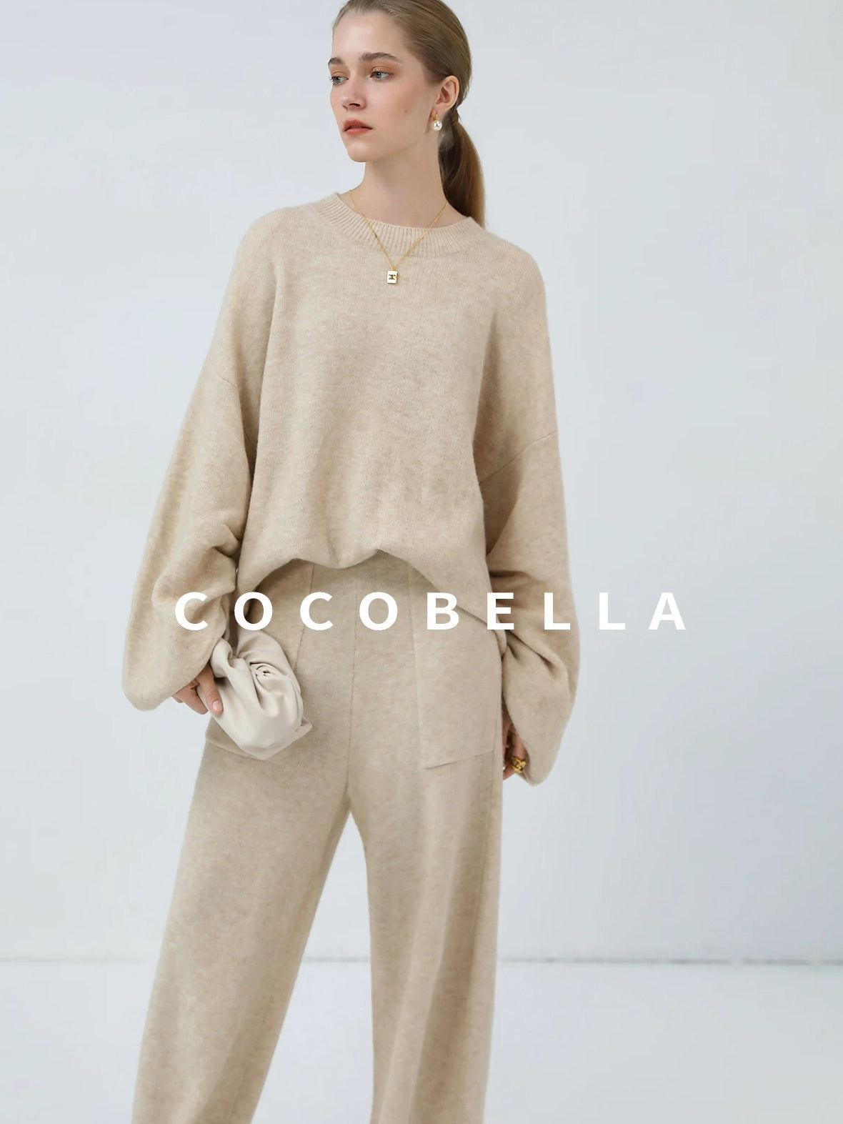 COCOBELLA Versatile Minimalist Knit Tailored Curved Leg Elastic Waist Women Pants