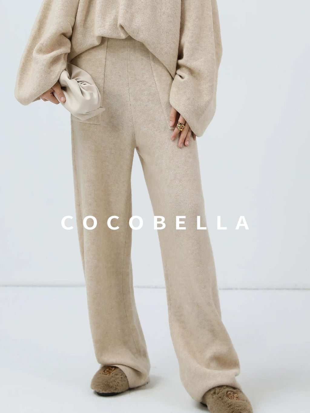 COCOBELLA Versatile Minimalist Knit Tailored Curved Leg Elastic Waist Women Pants
