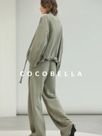 COCOBELLA Versatile Natural Waist Wide Leg Cotton Blend Casual Womens Dusty Green Pants