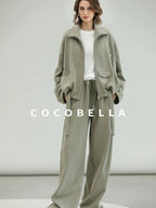 COCOBELLA Versatile Natural Waist Wide Leg Cotton Blend Casual Womens Dusty Green Pants