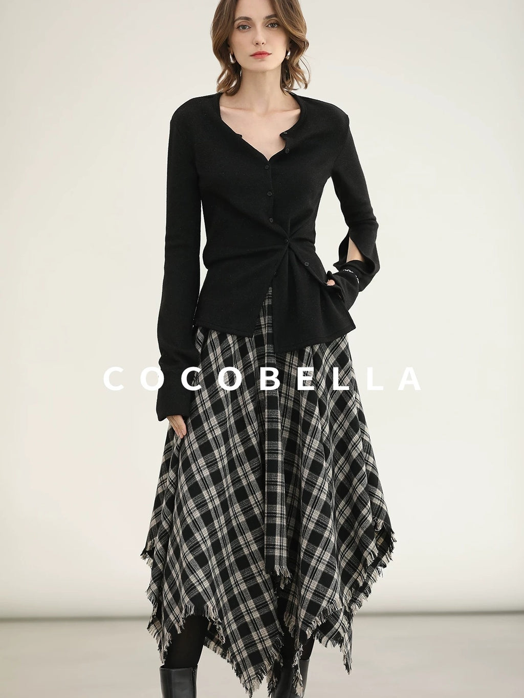 COCOBELLA Vintage Asymmetric A Line Mid Waist Loose Fit City Commute Midi Skirts