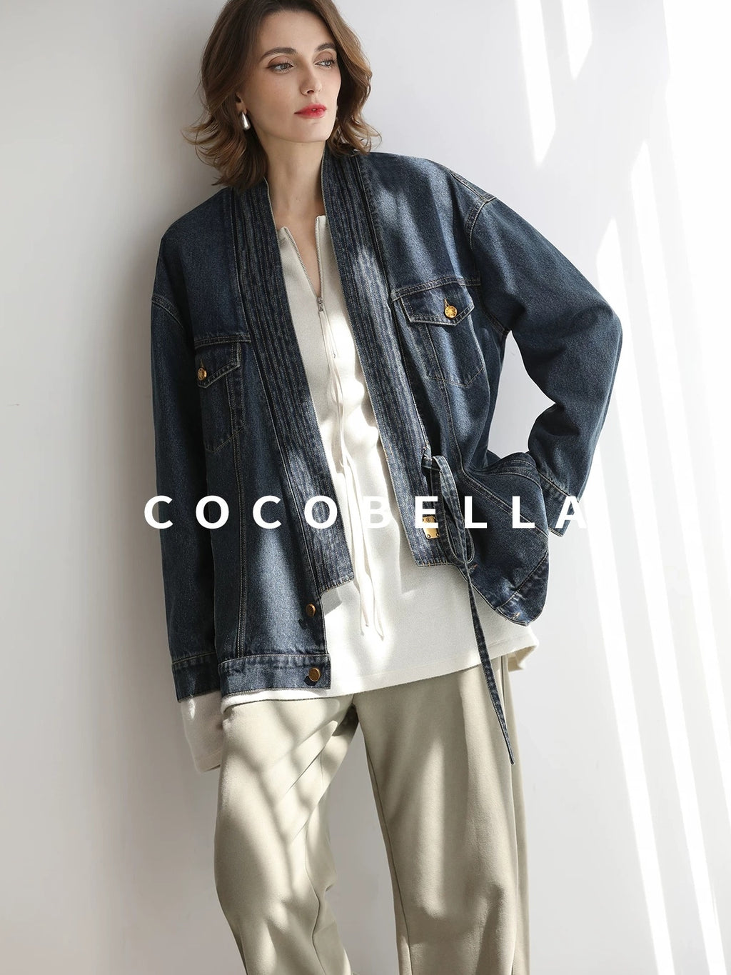 COCOBELLA Vintage Denim Blue Loose Fit Button Tie Pocket Topstitching Women Jackets