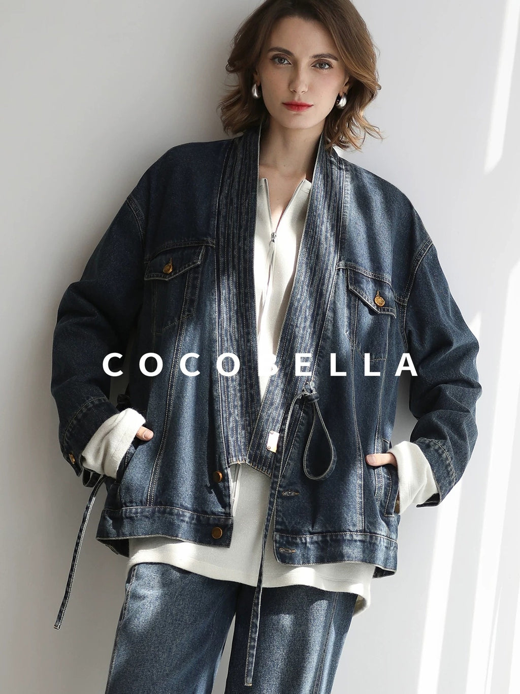 COCOBELLA Vintage Denim Blue Loose Fit Button Tie Pocket Topstitching Women Jackets