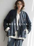 COCOBELLA Vintage Denim Blue Loose Fit Button Tie Pocket Topstitching Women Jackets