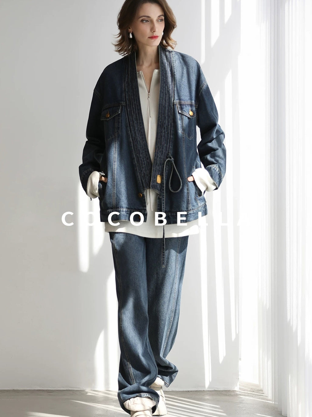 COCOBELLA Vintage Denim Blue Loose Fit Button Tie Pocket Topstitching Women Jackets