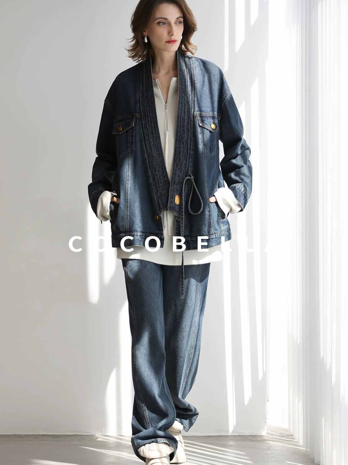 COCOBELLA Vintage Denim Blue Loose Fit Button Tie Pocket Topstitching Women Jackets