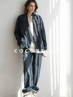 COCOBELLA Vintage Denim Blue Loose Fit Button Tie Pocket Topstitching Women Jackets