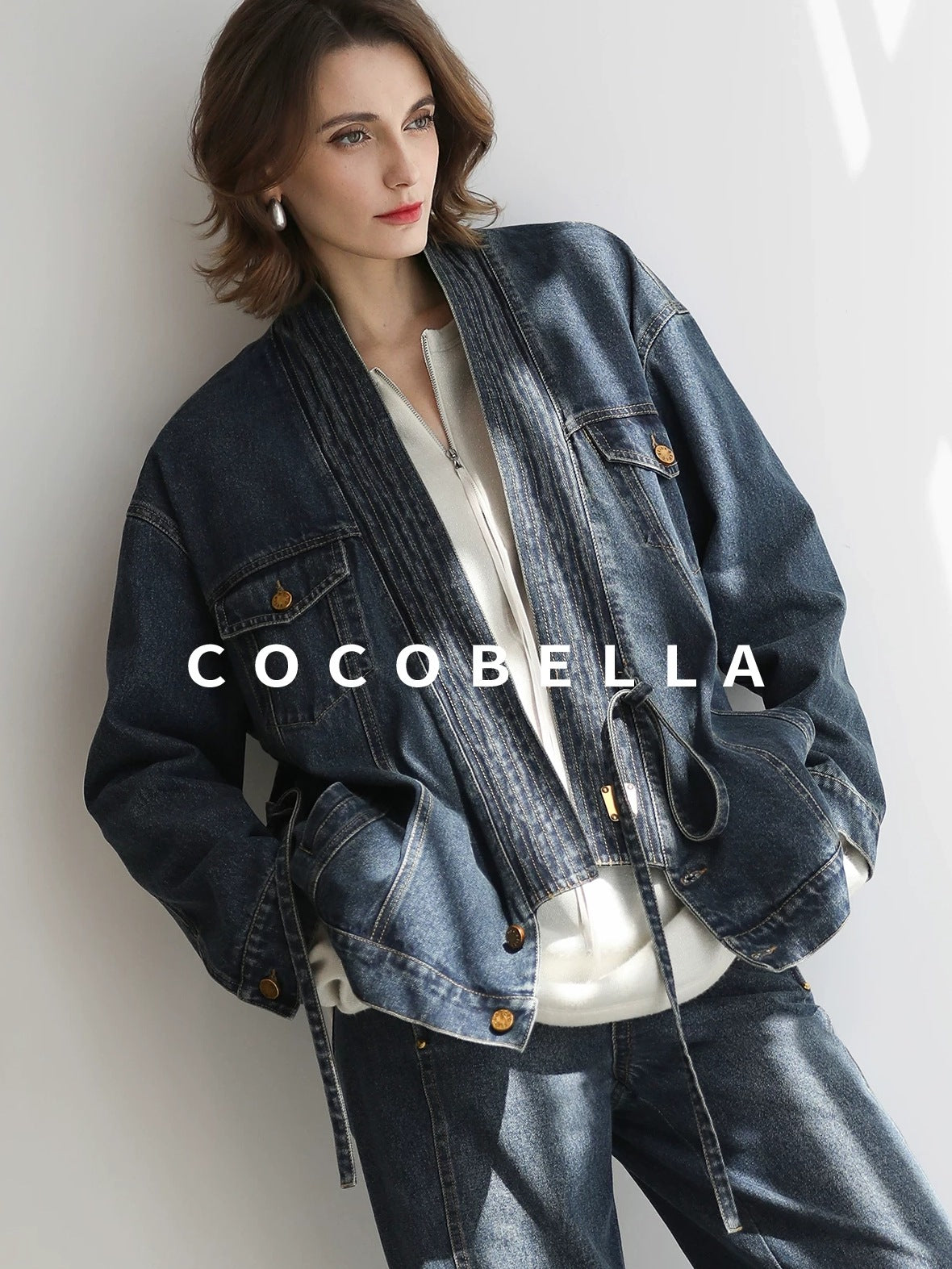 COCOBELLA Vintage Denim Blue Loose Fit Button Tie Pocket Topstitching Women Jackets