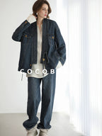 COCOBELLA Vintage Denim Blue Loose Fit Button Tie Pocket Topstitching Women Jackets