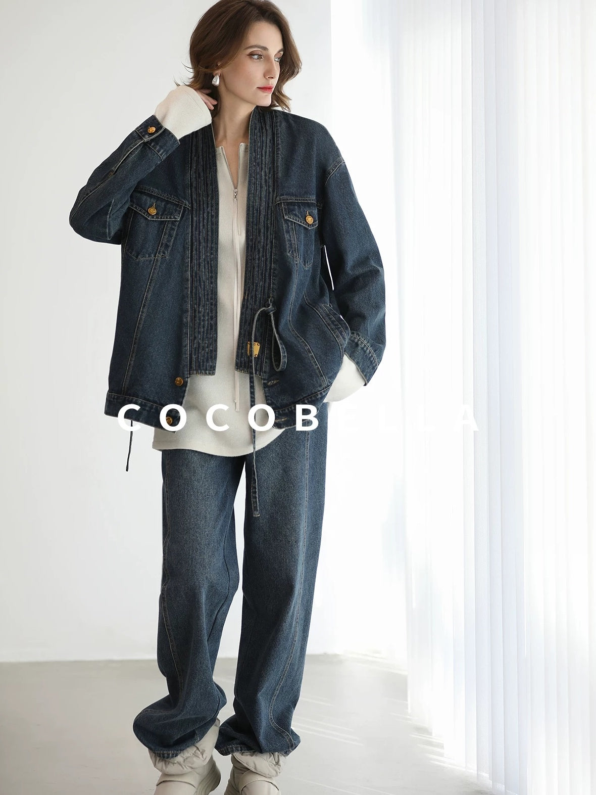 COCOBELLA Vintage Denim Blue Loose Fit Button Tie Pocket Topstitching Women Jackets