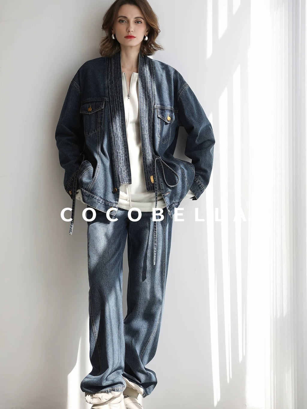 COCOBELLA Vintage Denim Blue Loose Fit Button Tie Pocket Topstitching Women Jackets