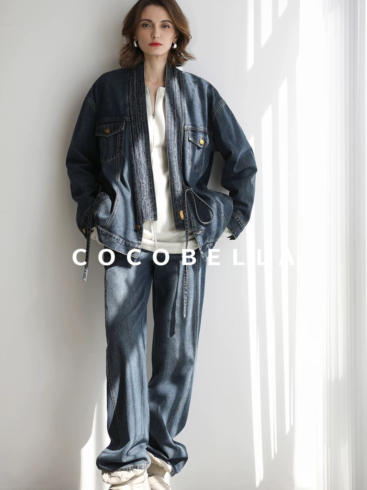 COCOBELLA Vintage Denim Blue Loose Fit Button Tie Pocket Topstitching Women Jackets