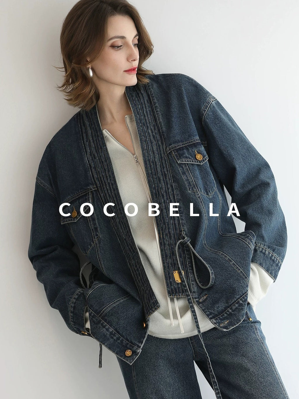 COCOBELLA Vintage Denim Blue Loose Fit Button Tie Pocket Topstitching Women Jackets