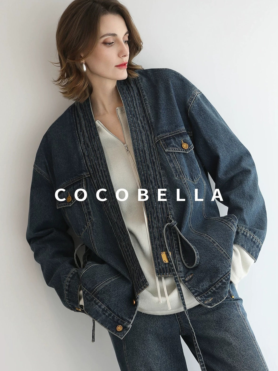 COCOBELLA Vintage Denim Blue Loose Fit Button Tie Pocket Topstitching Women Jackets