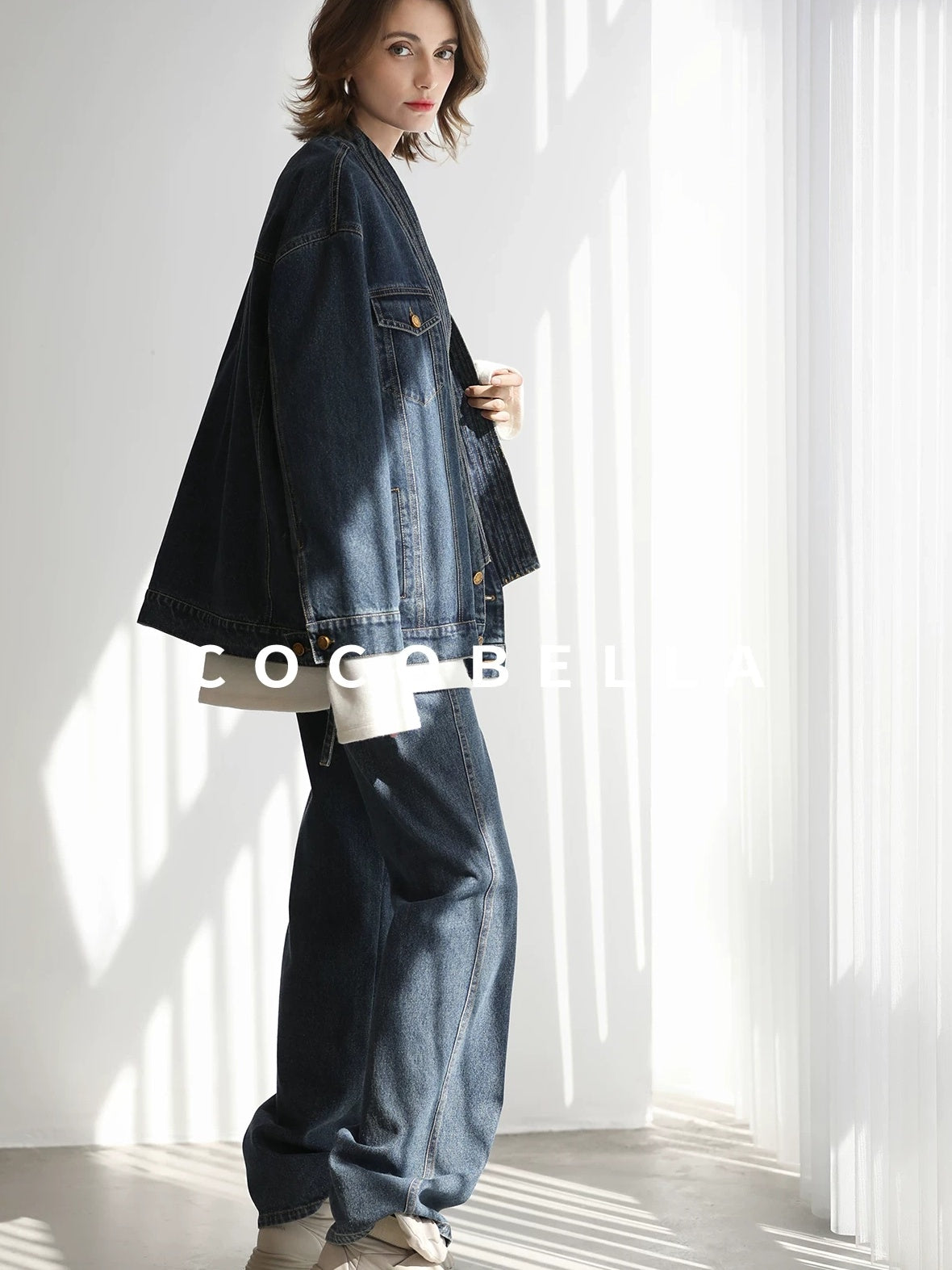 COCOBELLA Vintage Denim Blue Loose Fit Button Tie Pocket Topstitching Women Jackets