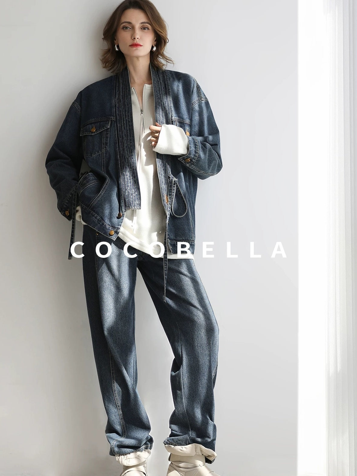 COCOBELLA Vintage Denim Blue Loose Fit Button Tie Pocket Topstitching Women Jackets