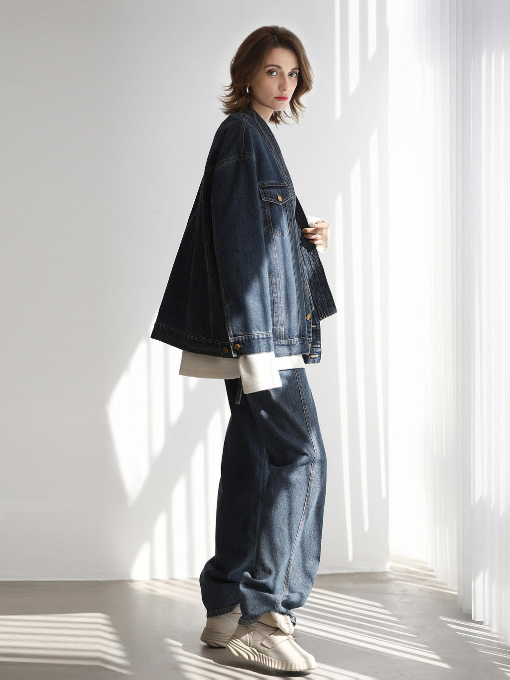 COCOBELLA Vintage Denim Blue Loose Fit Button Tie Pocket Topstitching Women Jackets