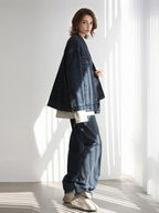 COCOBELLA Vintage Denim Blue Loose Fit Button Tie Pocket Topstitching Women Jackets