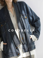 COCOBELLA Vintage Denim Blue Loose Fit Button Tie Pocket Topstitching Women Jackets