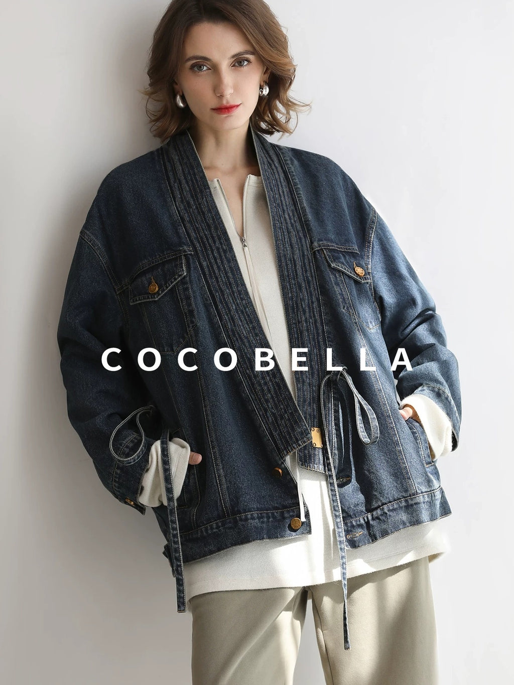 COCOBELLA Vintage Denim Blue Loose Fit Button Tie Pocket Topstitching Women Jackets
