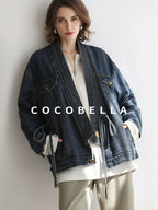 COCOBELLA Vintage Denim Blue Loose Fit Button Tie Pocket Topstitching Women Jackets