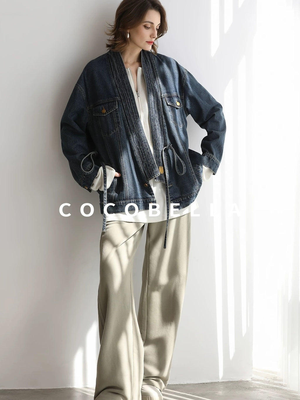 COCOBELLA Vintage Denim Blue Loose Fit Button Tie Pocket Topstitching Women Jackets