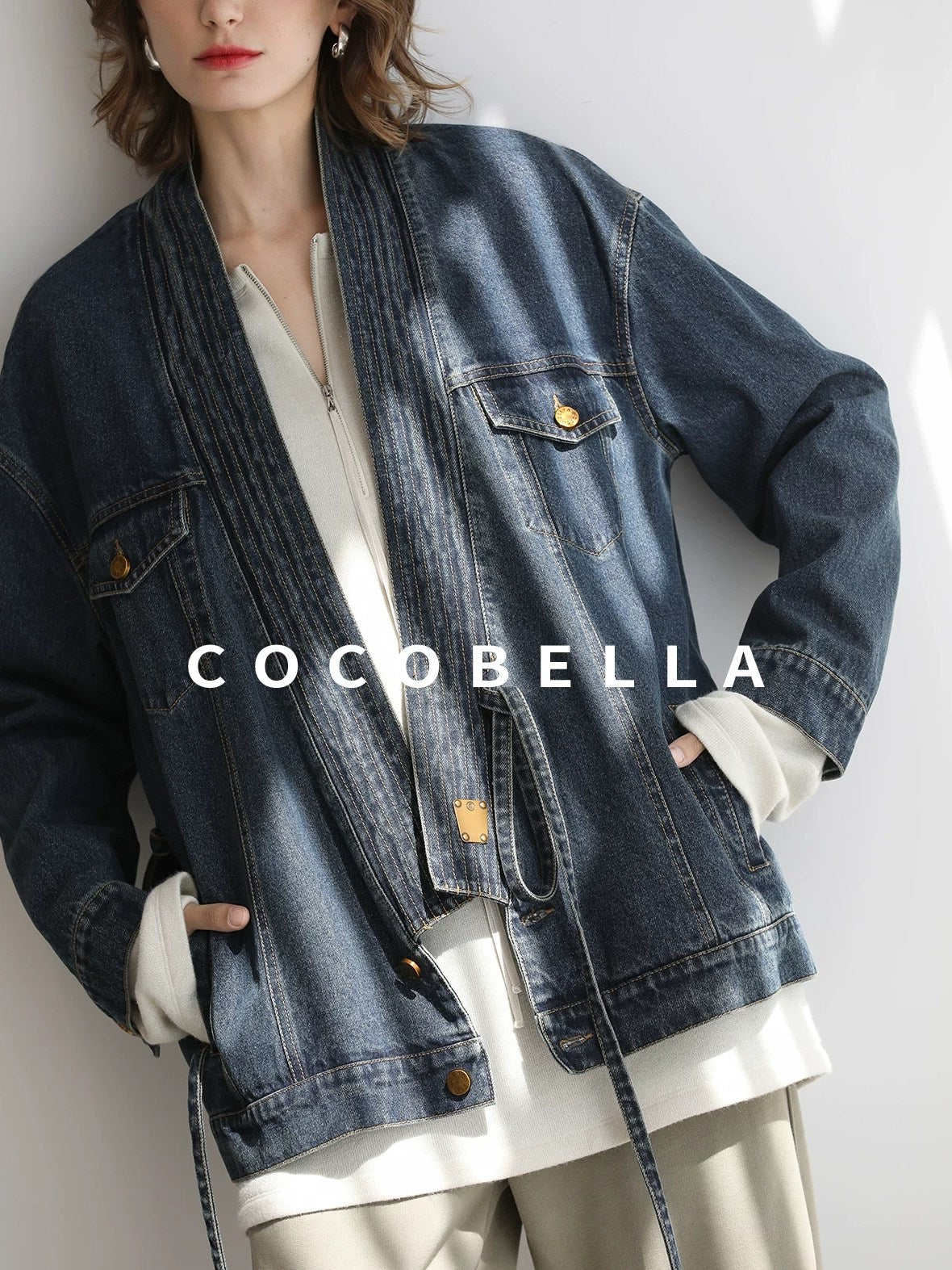 COCOBELLA Vintage Denim Blue Loose Fit Button Tie Pocket Topstitching Women Jackets