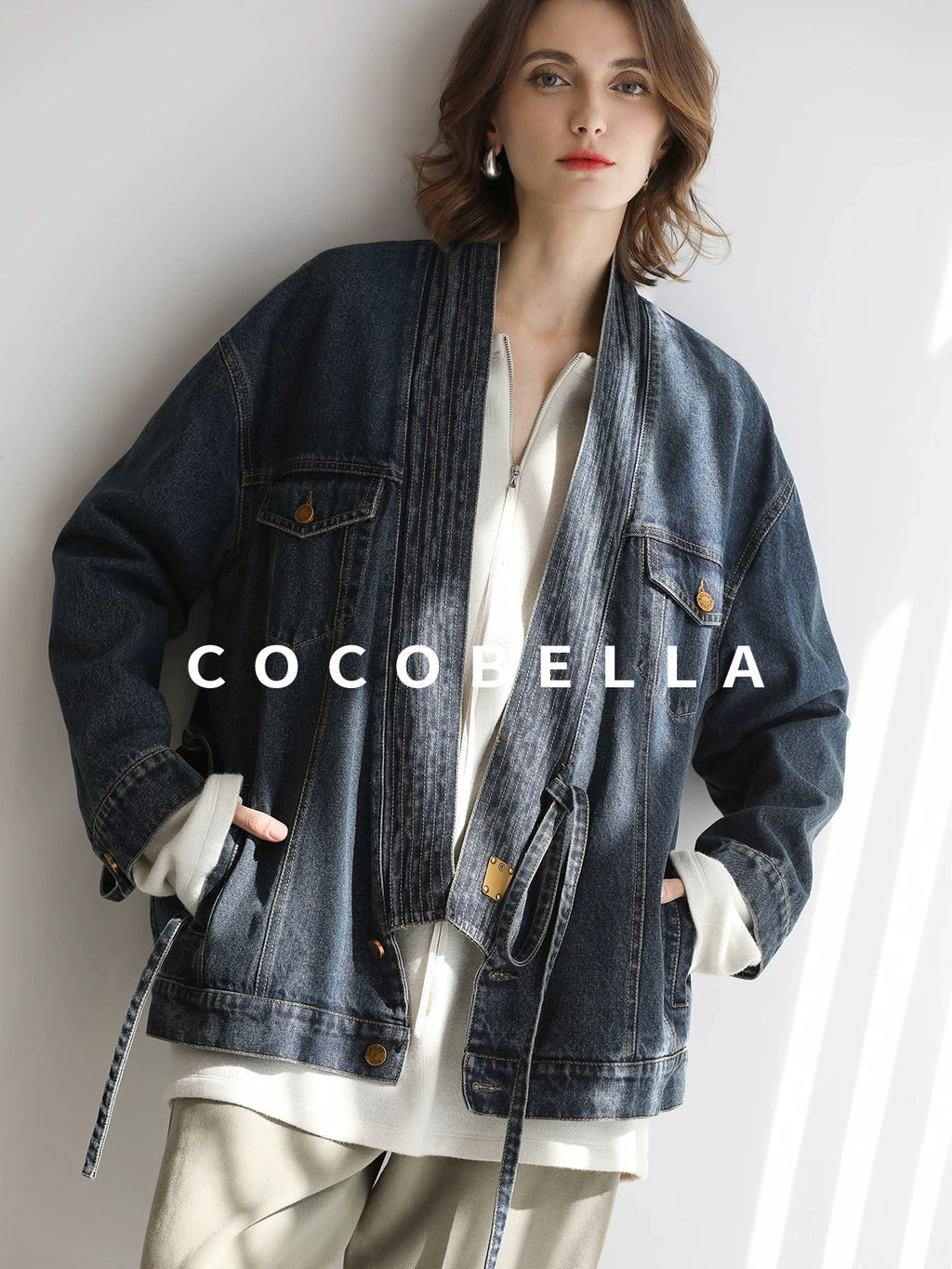 COCOBELLA Vintage Denim Blue Loose Fit Button Tie Pocket Topstitching Women Jackets