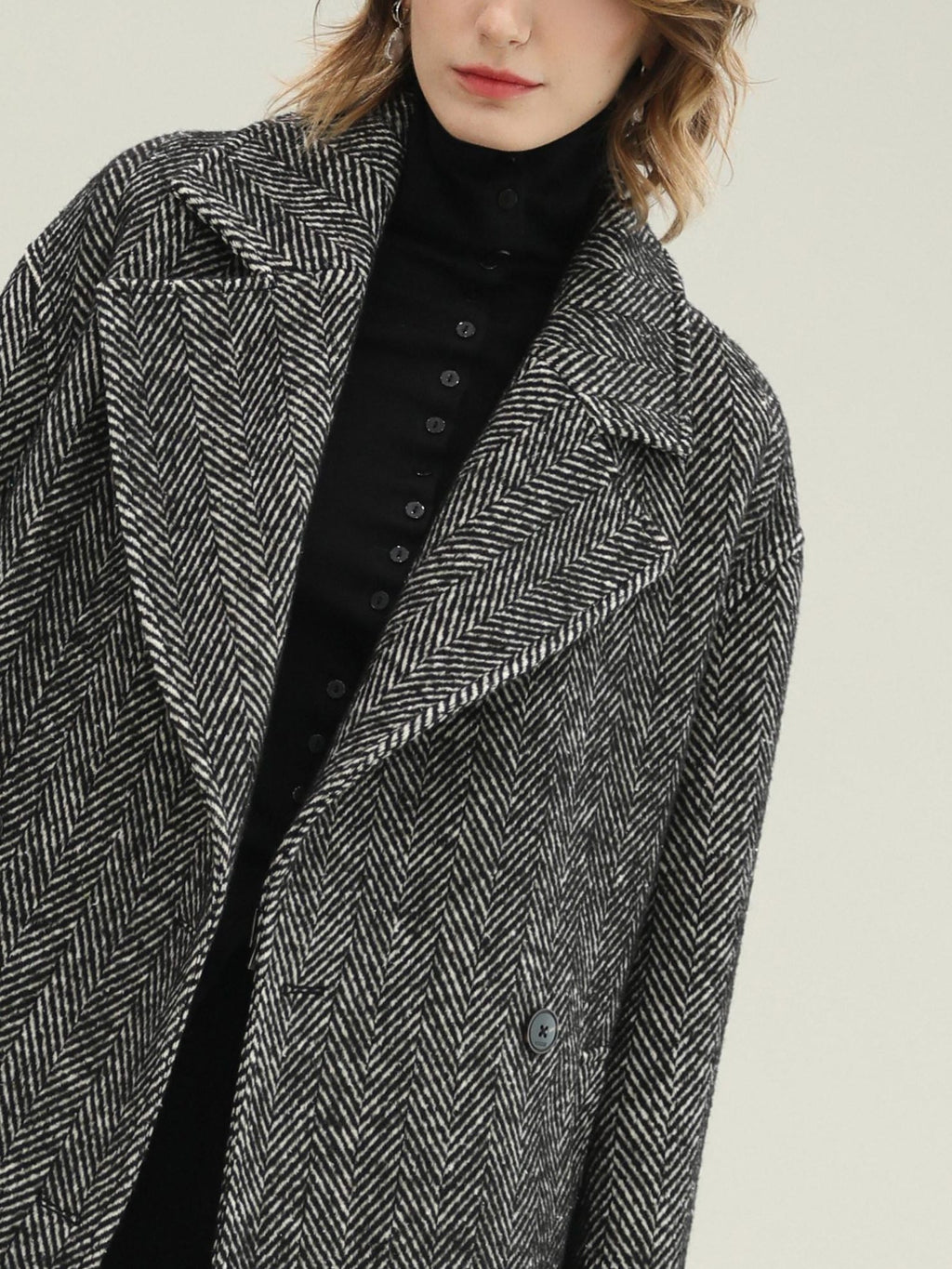 COCOBELLA Vintage Herringbone Double Breasted Straight Cut Midlength Commuter Jackets