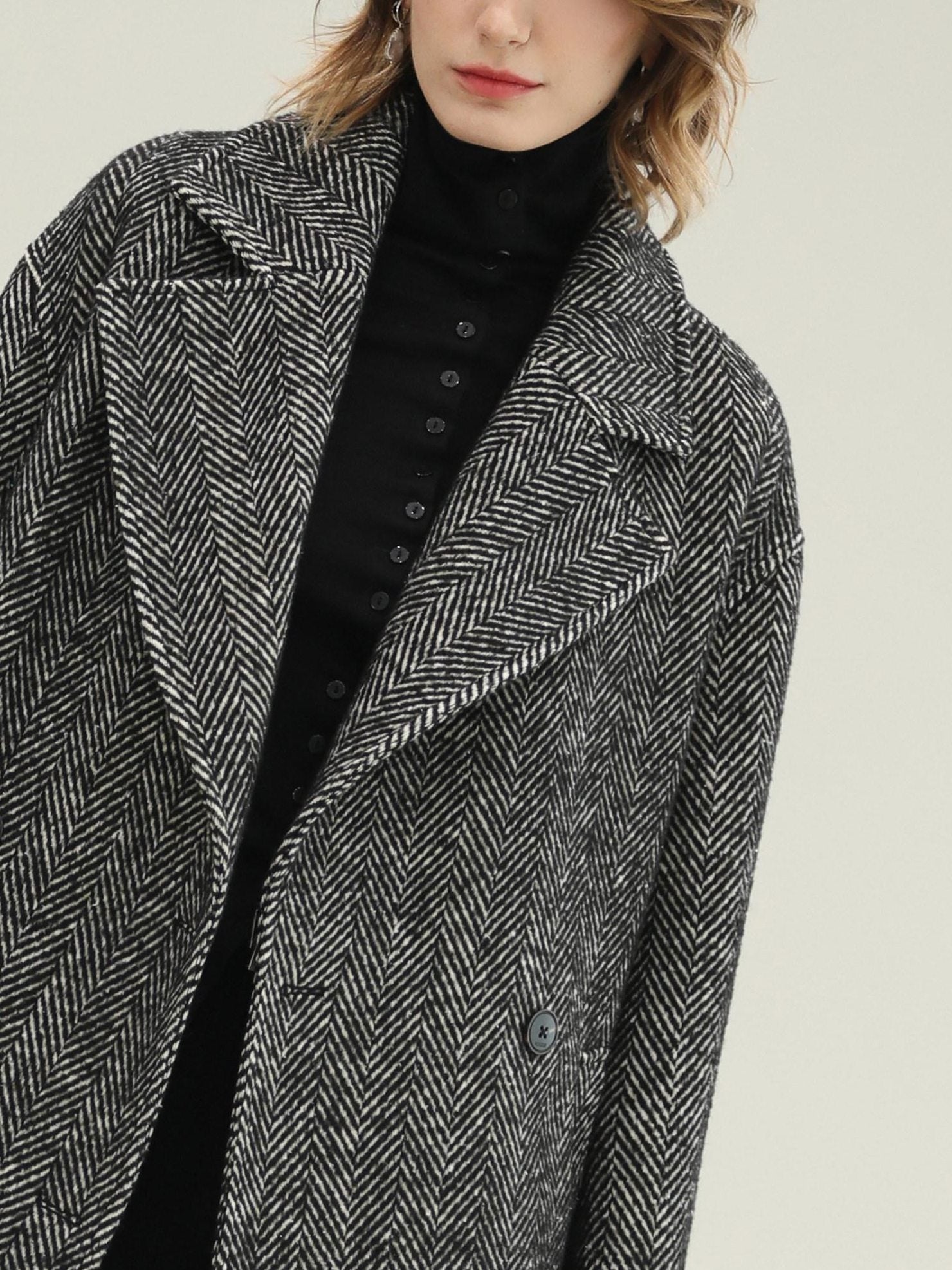 COCOBELLA Vintage Herringbone Double Breasted Straight Cut Midlength Commuter Jackets