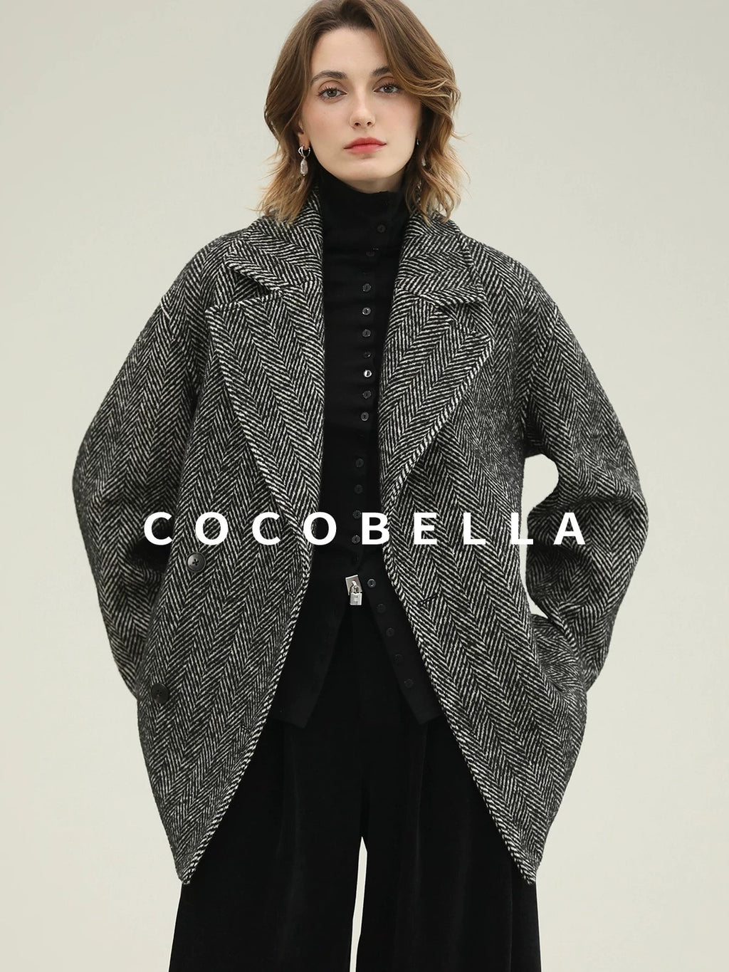 COCOBELLA Vintage Herringbone Double Breasted Straight Cut Midlength Commuter Jackets