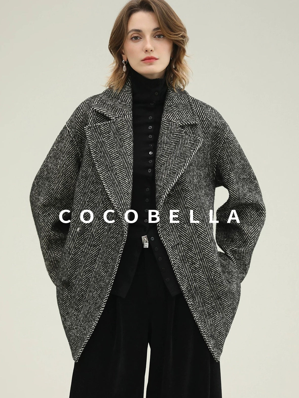 COCOBELLA Vintage Herringbone Double Breasted Straight Cut Midlength Commuter Jackets