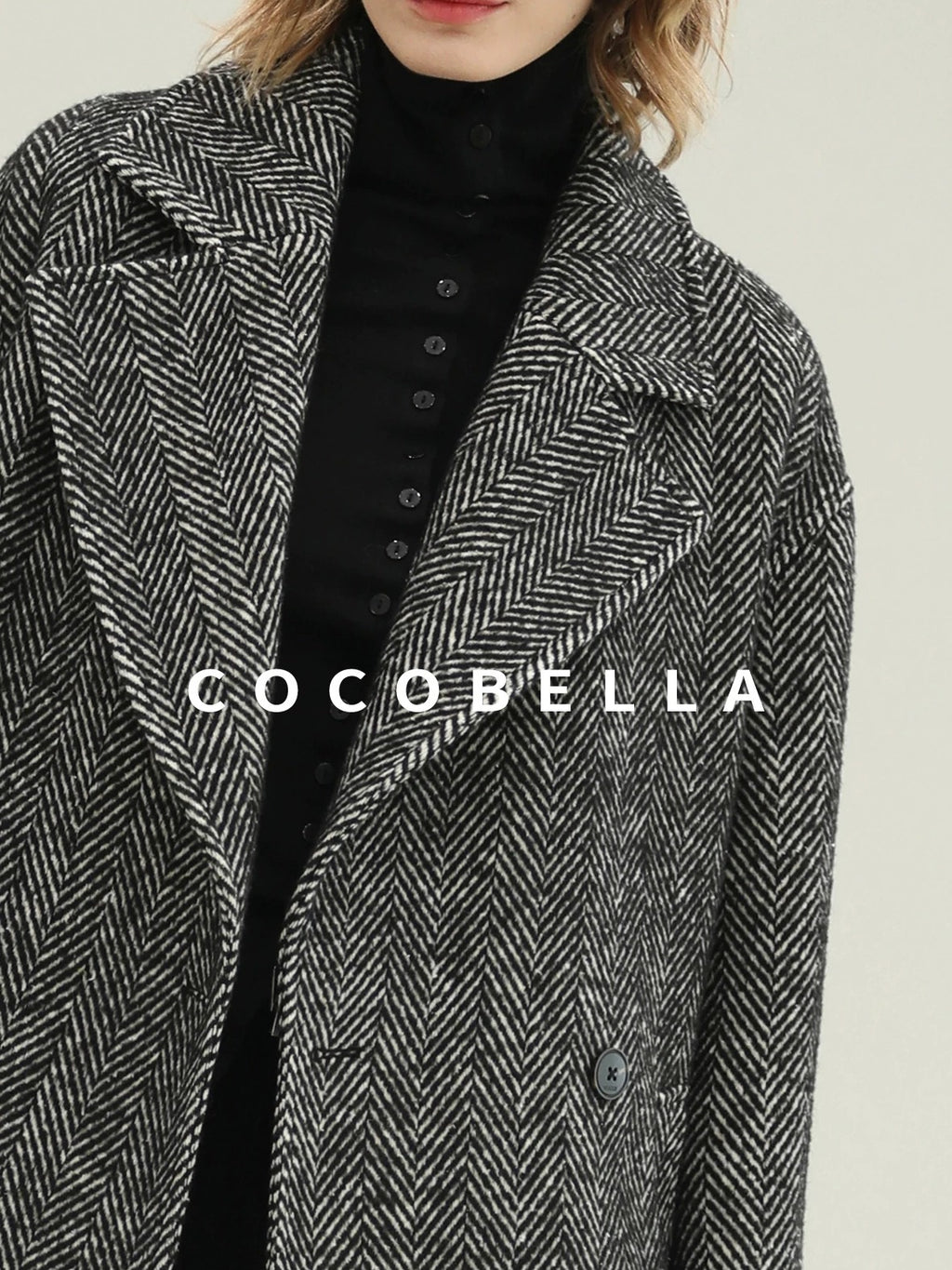 COCOBELLA Vintage Herringbone Double Breasted Straight Cut Midlength Commuter Jackets