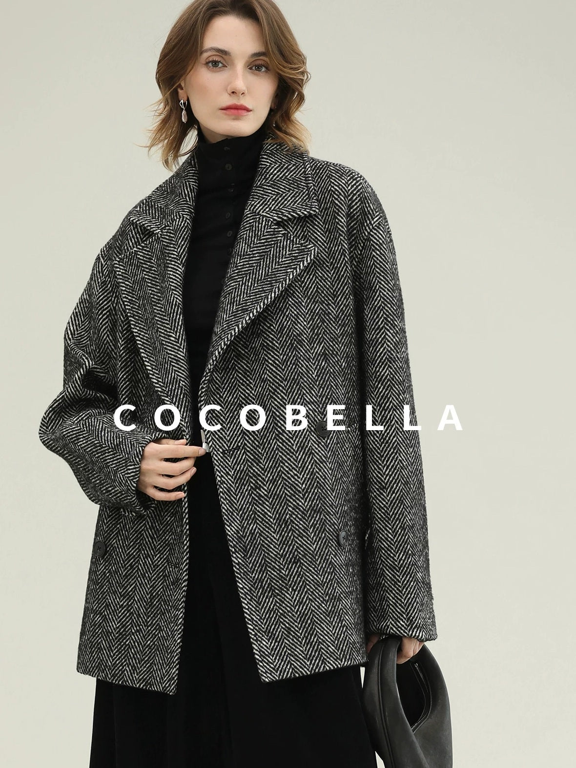 COCOBELLA Vintage Herringbone Double Breasted Straight Cut Midlength Commuter Jackets