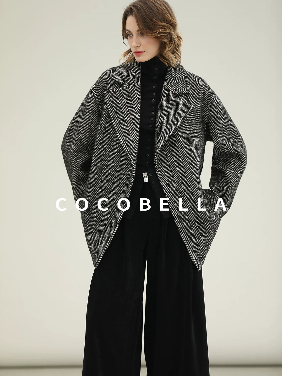 COCOBELLA Vintage Herringbone Double Breasted Straight Cut Midlength Commuter Jackets