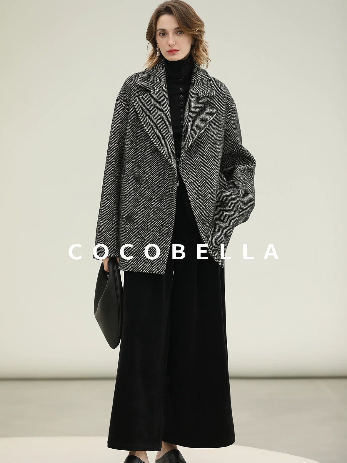 COCOBELLA Vintage Herringbone Double Breasted Straight Cut Midlength Commuter Jackets