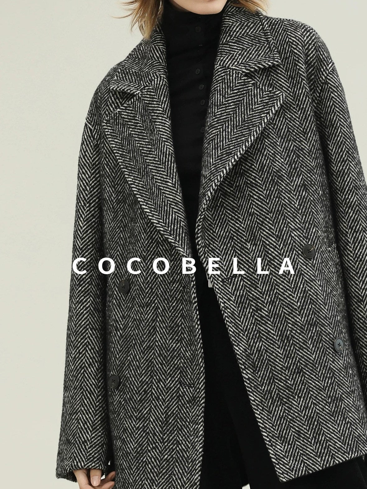 COCOBELLA Vintage Herringbone Double Breasted Straight Cut Midlength Commuter Jackets