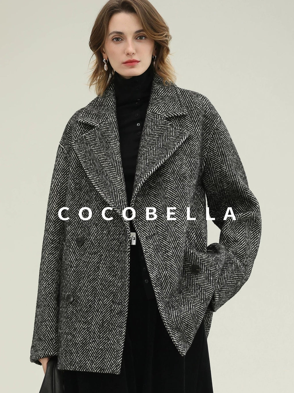 COCOBELLA Vintage Herringbone Double Breasted Straight Cut Midlength Commuter Jackets