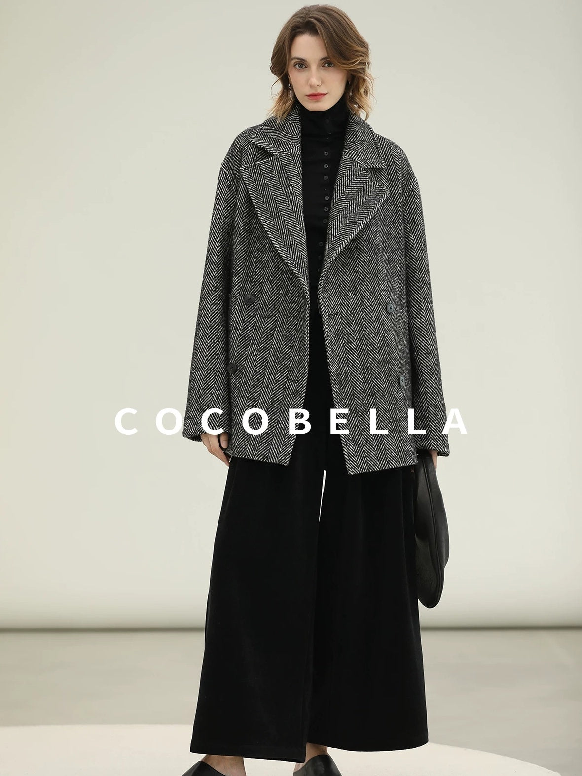 COCOBELLA Vintage Herringbone Double Breasted Straight Cut Midlength Commuter Jackets