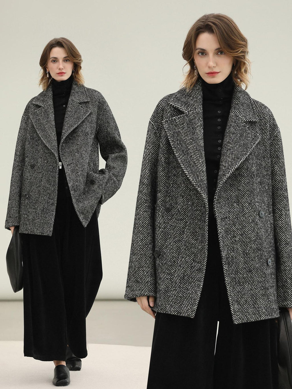 COCOBELLA Vintage Herringbone Double Breasted Straight Cut Midlength Commuter Jackets