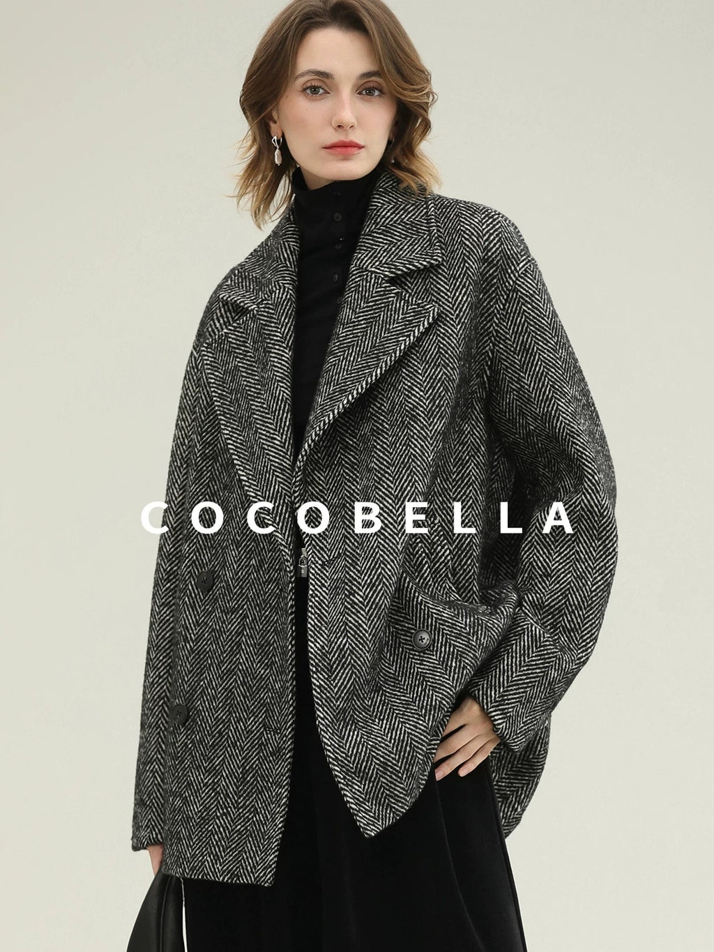 COCOBELLA Vintage Herringbone Double Breasted Straight Cut Midlength Commuter Jackets