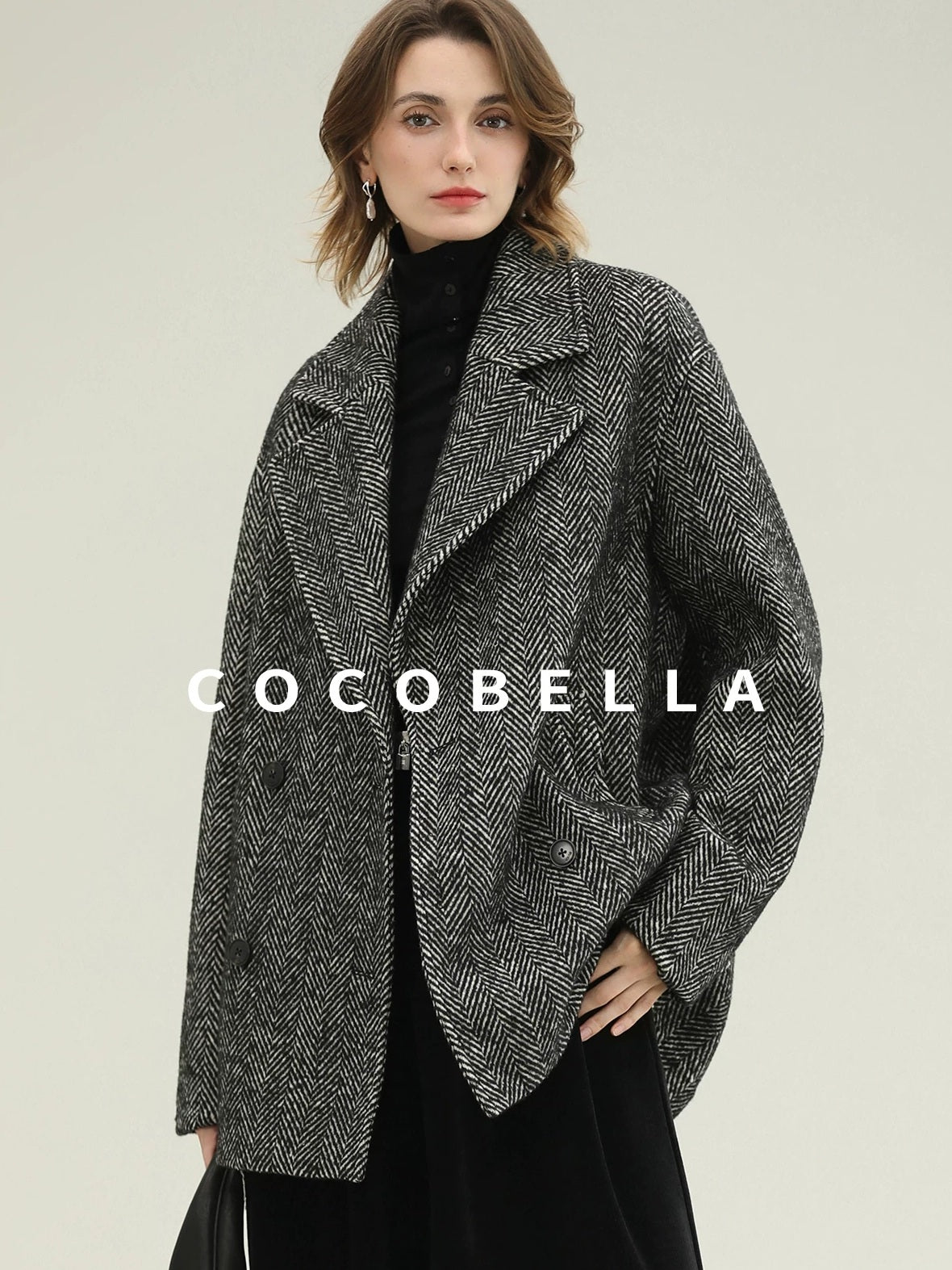 COCOBELLA Vintage Herringbone Double Breasted Straight Cut Midlength Commuter Jackets