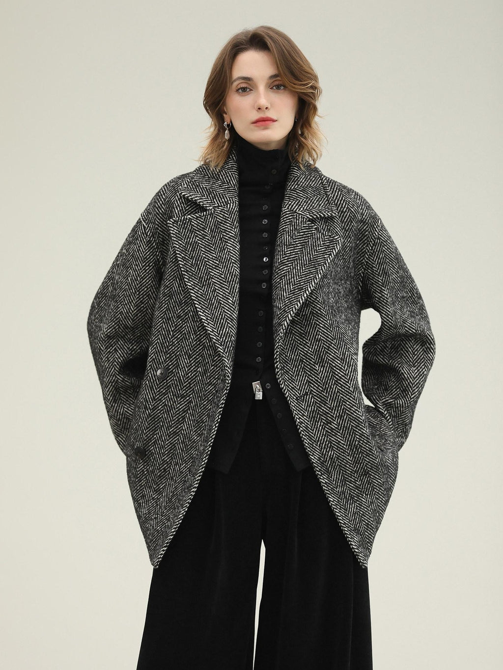 COCOBELLA Vintage Herringbone Double Breasted Straight Cut Midlength Commuter Jackets