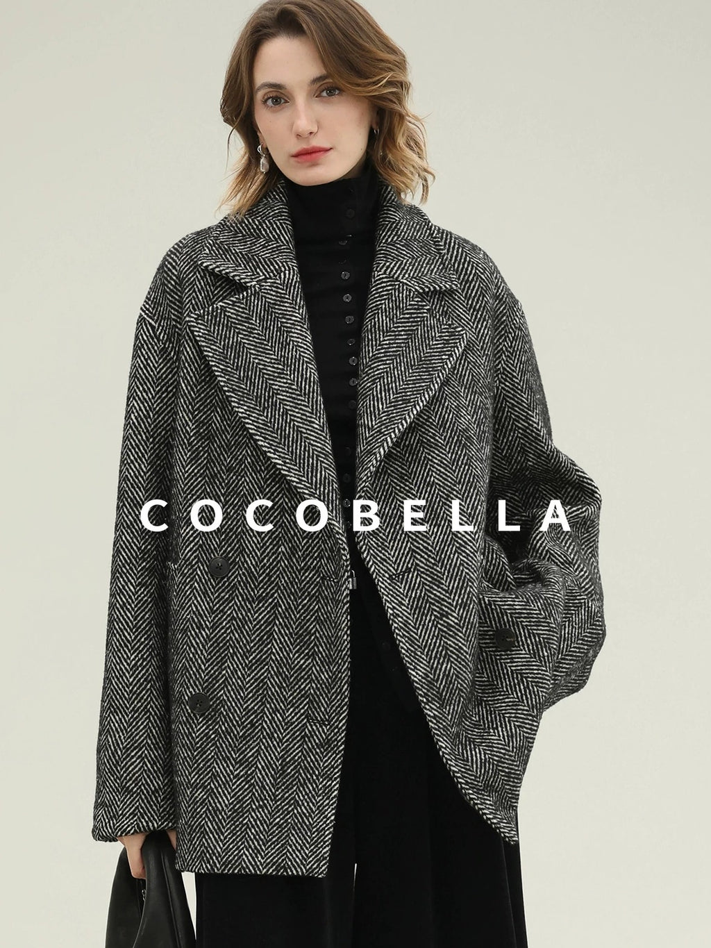 COCOBELLA Vintage Herringbone Double Breasted Straight Cut Midlength Commuter Jackets