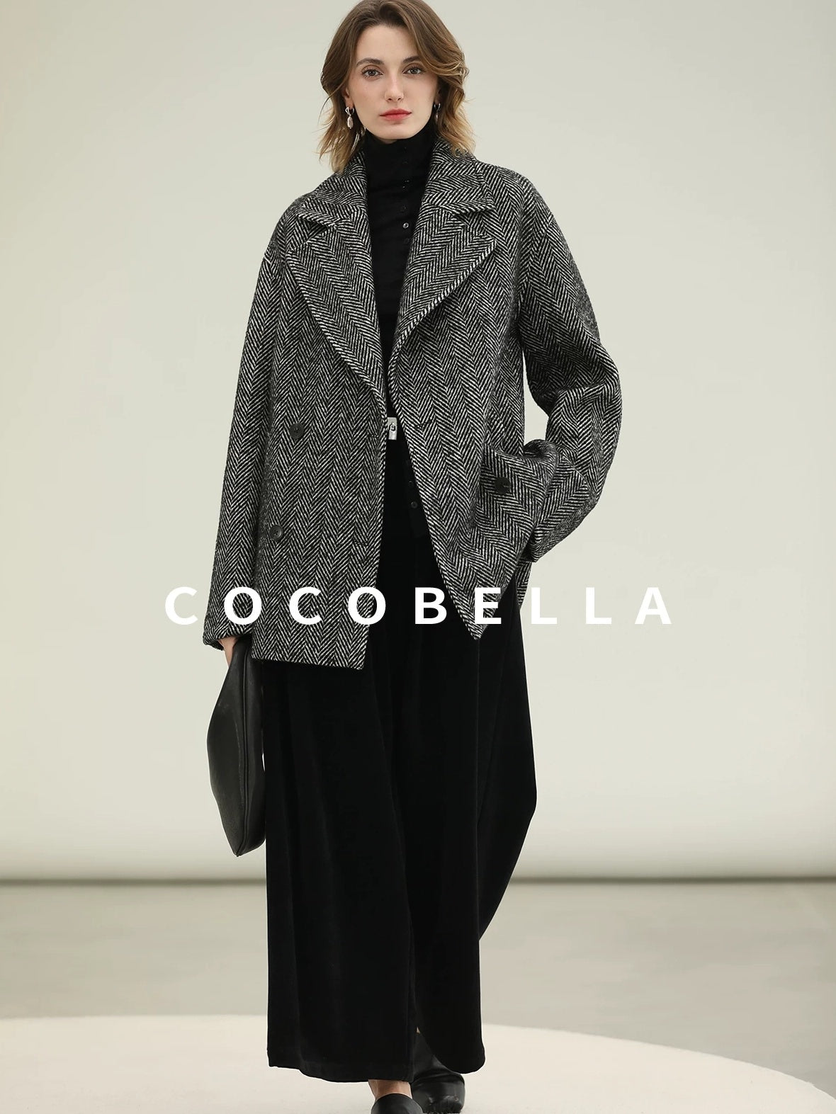 COCOBELLA Vintage Herringbone Double Breasted Straight Cut Midlength Commuter Jackets