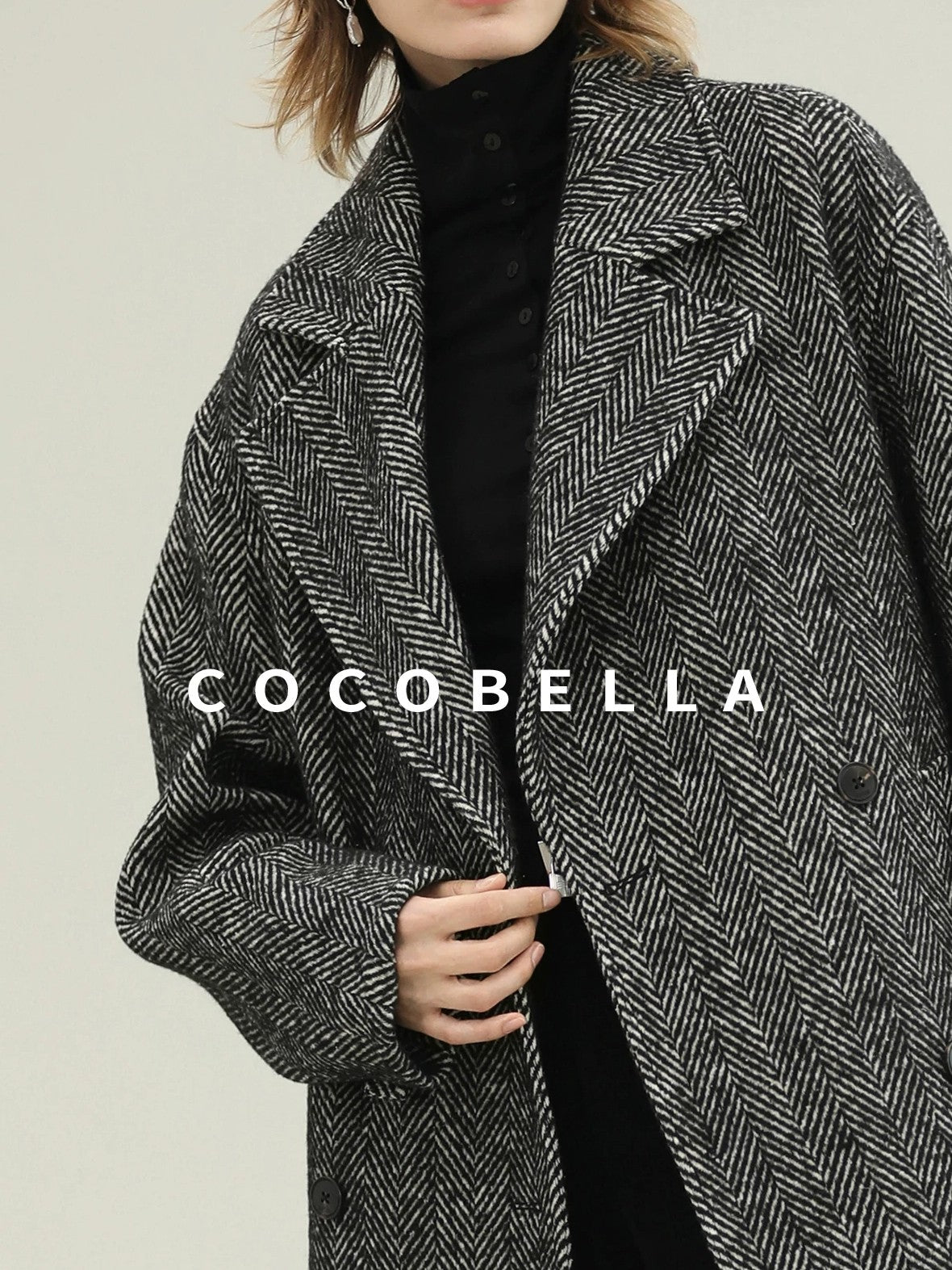 COCOBELLA Vintage Herringbone Double Breasted Straight Cut Midlength Commuter Jackets