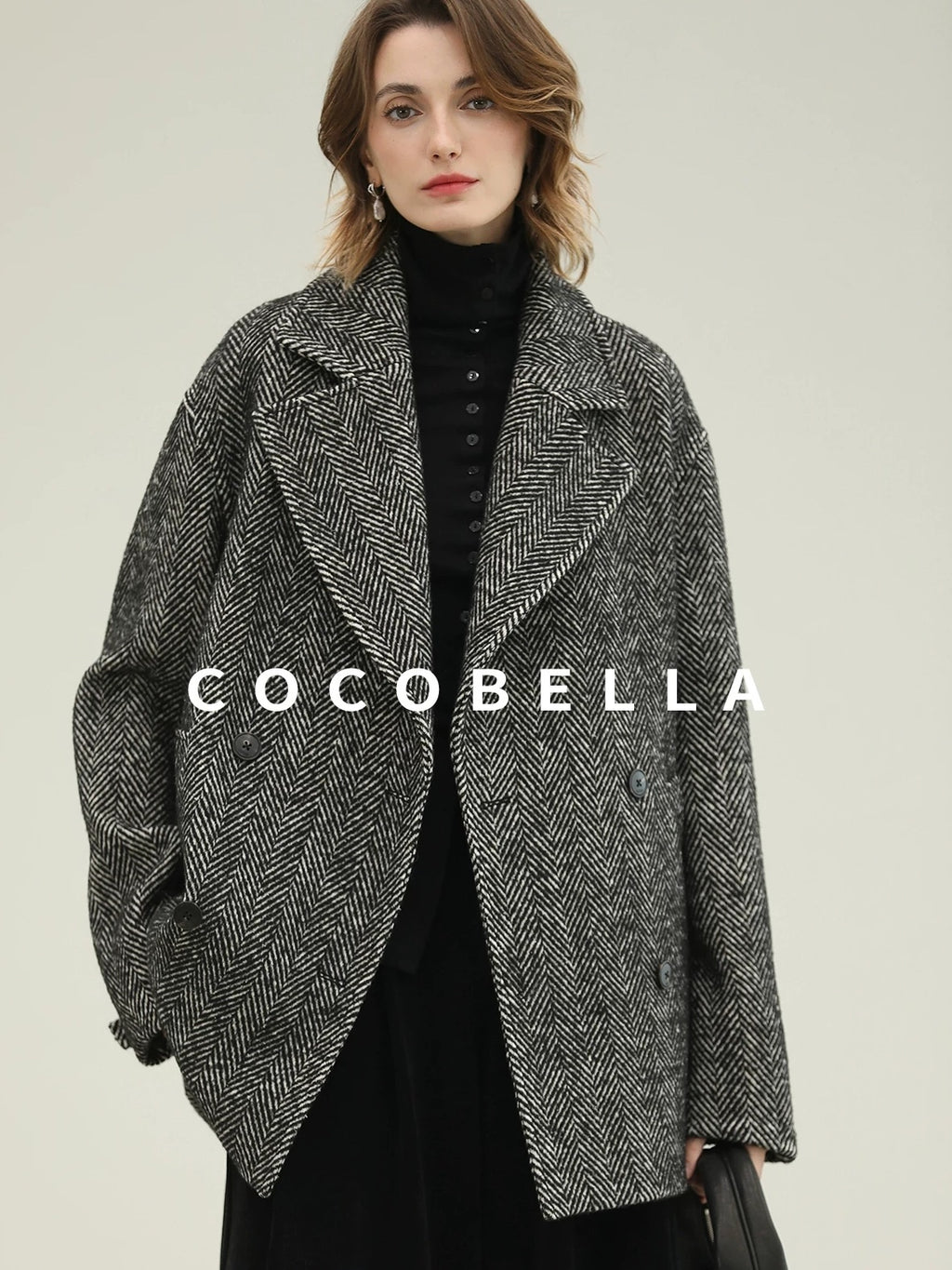 COCOBELLA Vintage Herringbone Double Breasted Straight Cut Midlength Commuter Jackets