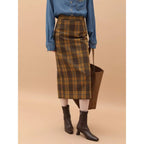 Vintage High Waist Patchwork Plaid Straight H Line Work City Midi Skirts